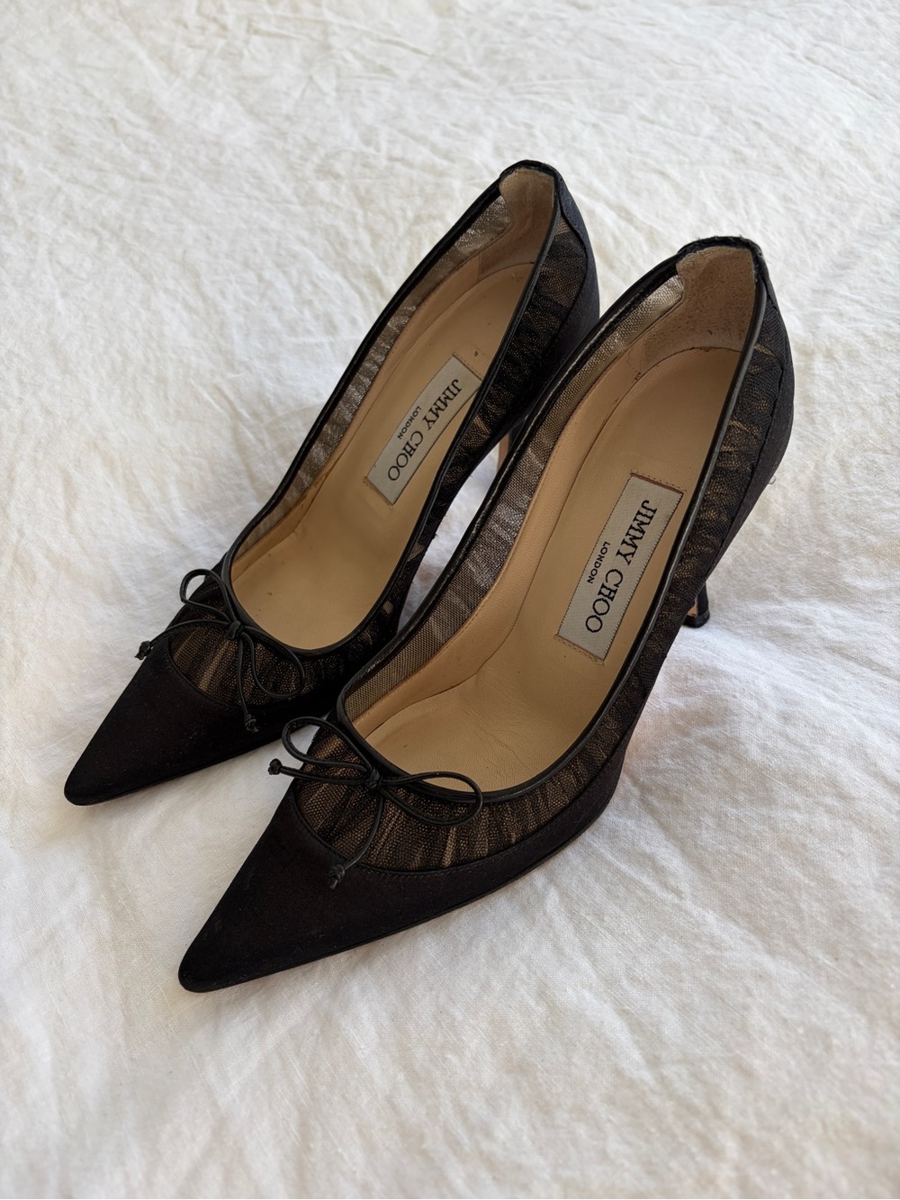Jimmy Choo Satin Tulle Mesh Bow Ribbon Pointy Toe Kitten Heels Mules Black